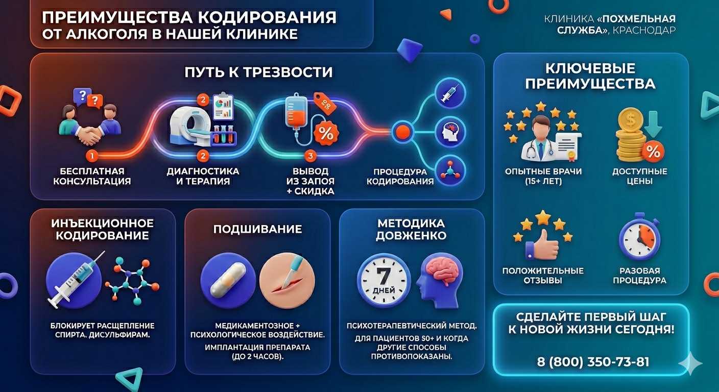 Инфографика о методах кодирования от алкоголя в Новомышастовской: инъекции, подшивание, метод Довженко. Преимущества клиники и этапы лечения.
