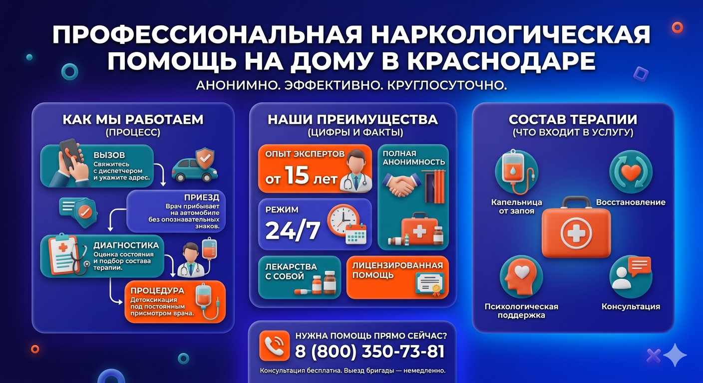 Инфографика о принципах лечения алкоголизма на дому в Новомышастовской: этапы вызова нарколога, преимущества анонимной детоксикации и состав медицинской помощи.